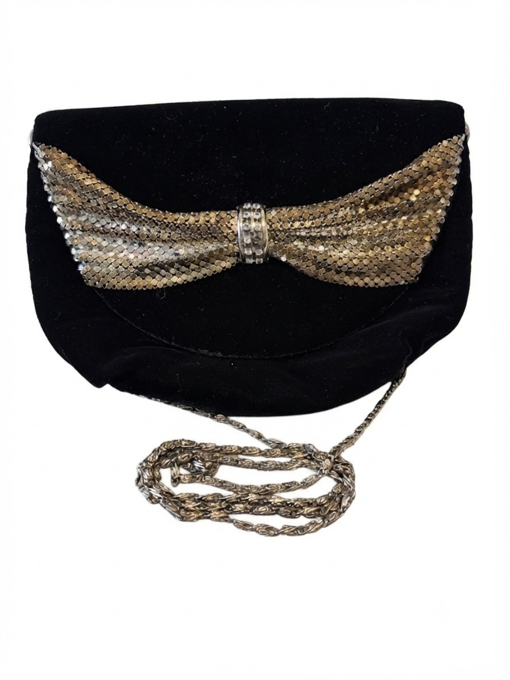 Vintage Black Velvet & Silver/Gold Mesh Bow Evening Clutch Bag Made in Hong Kong